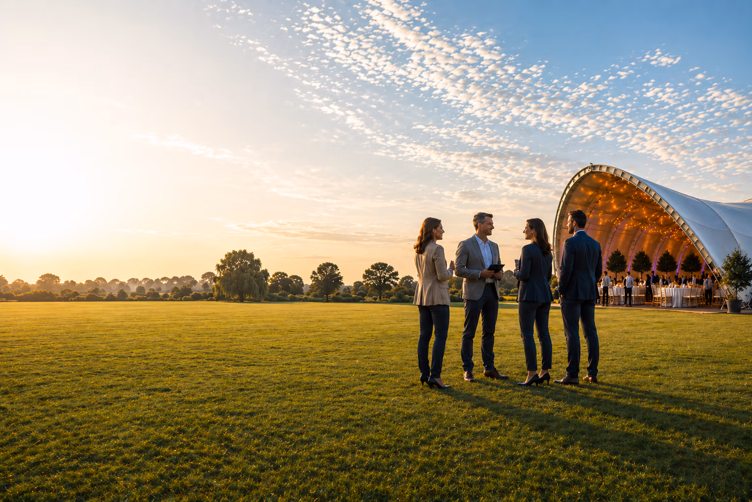 Corporate professionals standing on open grassland beside an illuminated Saddlespan event structure late afternoon in the Fields of Lodestar, with expansive Fenland sky and countryside surroundings.